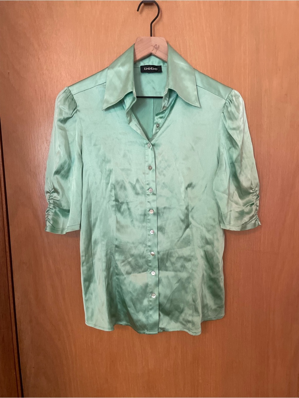 Bebe Y2K Silk Fairy Green Button Down Blouse Size L